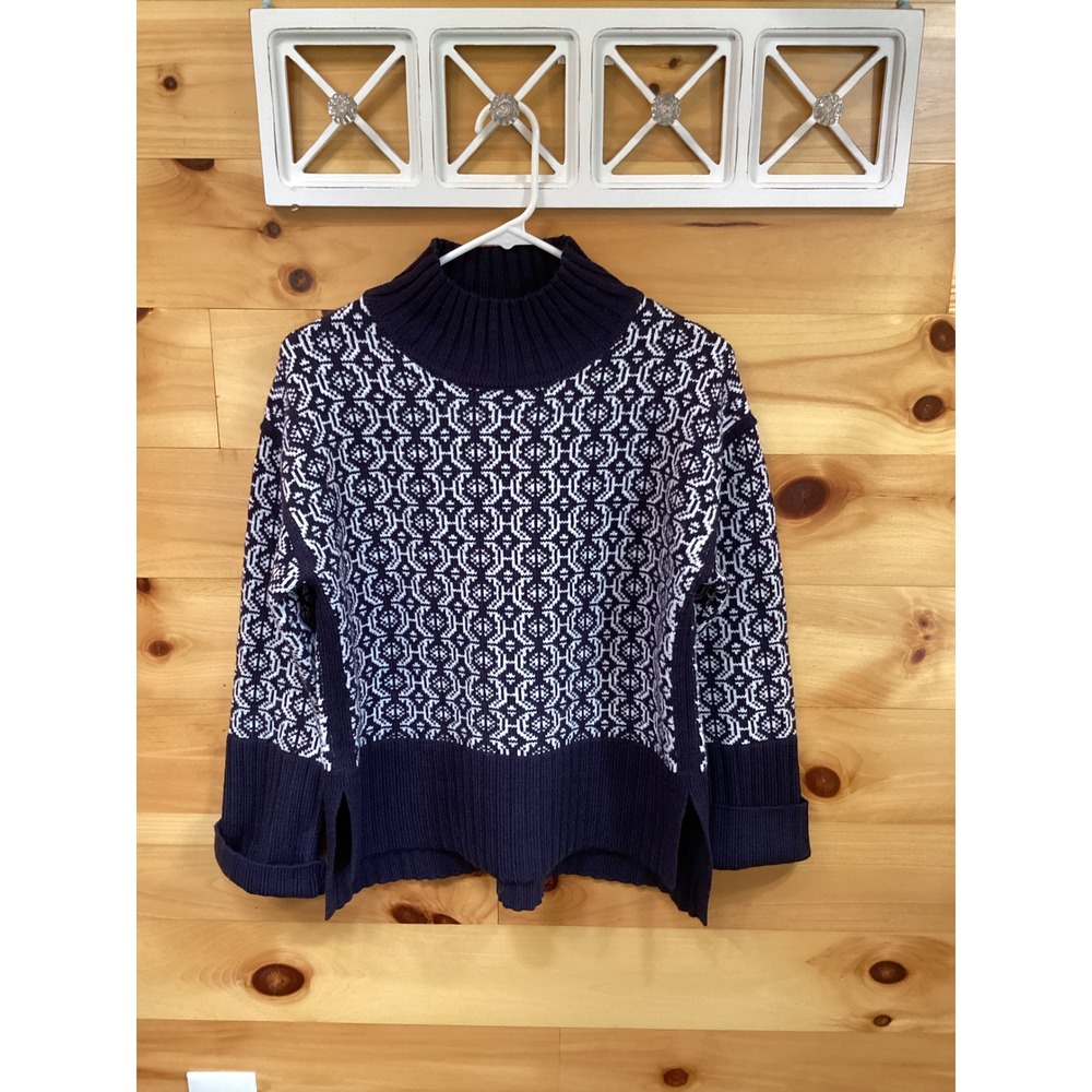Free Assembly Womens Navy White Patterned Mock Neck Sweater XS Wool Blend